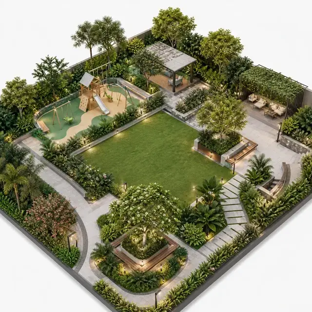 Children's play court, central lawn, shaded seating and garden paths in a family landscape setting