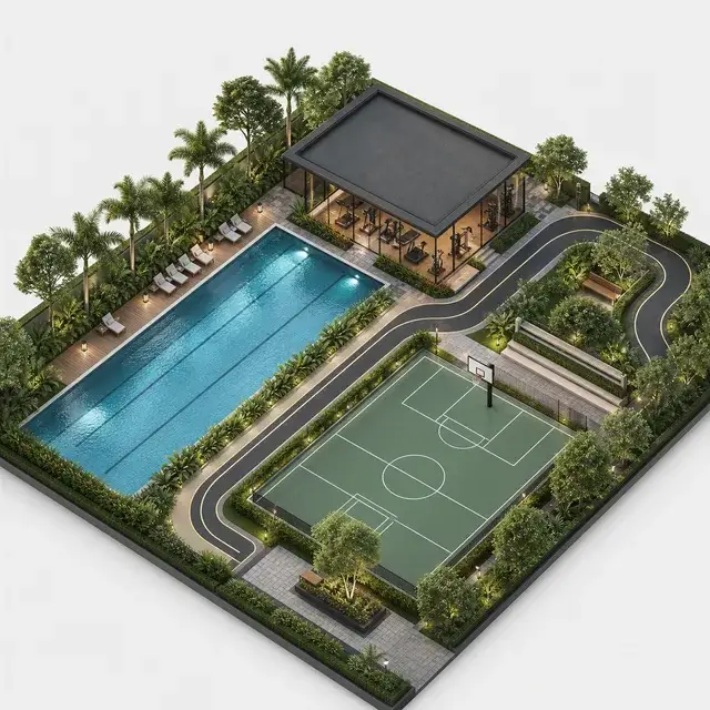 Pool, gym pavilion, jogging loop and outdoor sports court within a landscaped recreation setting