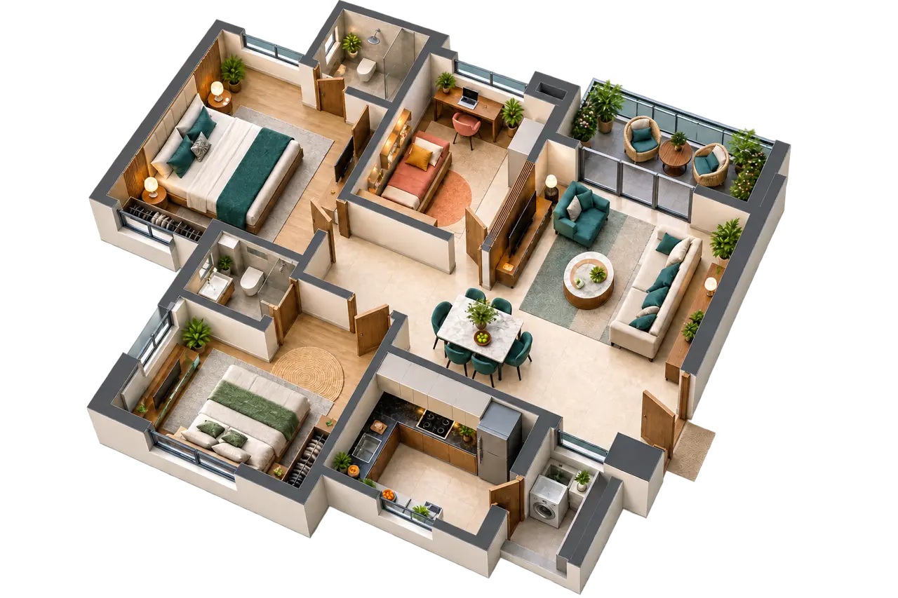 Illustrative furnished two-bedroom apartment with a flexible study