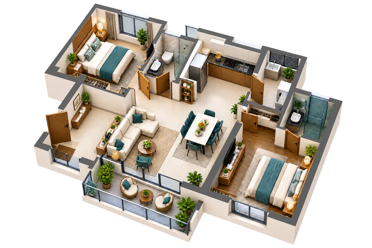 Furnished two-bedroom apartment floor-plan reference with living, dining and kitchen spaces