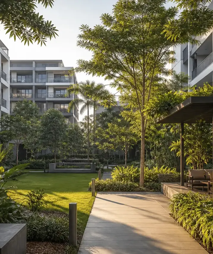 Modern Spaaces Chikkadunnasandra, artistic impression A landscaped courtyard with a garden pavilion between the towers