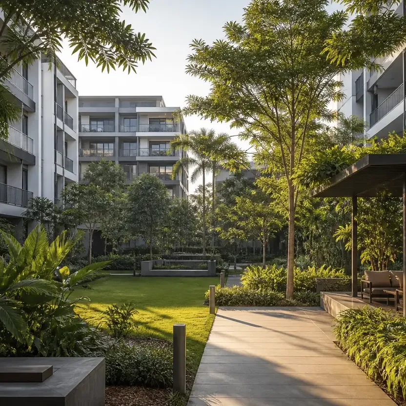 Modern Spaaces Chikkadunnasandra, artistic impression A landscaped courtyard with a garden pavilion between the towers