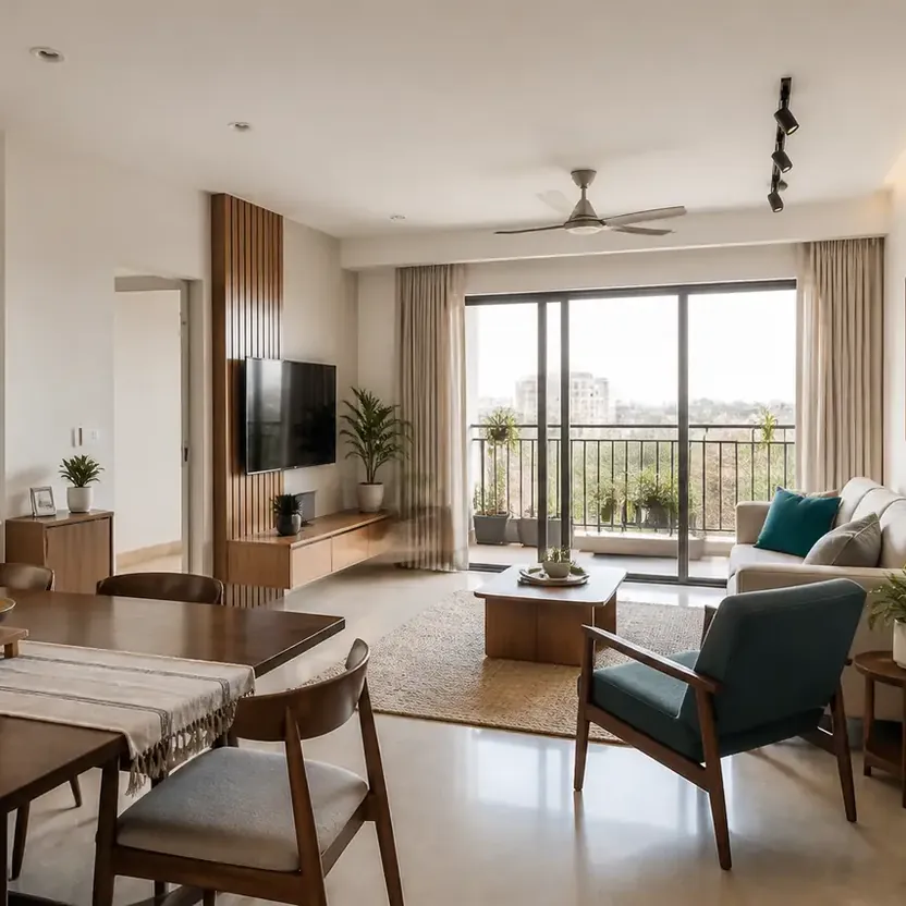 Modern Spaaces Chikkadunnasandra, artistic impression A living and dining room opening onto a balcony