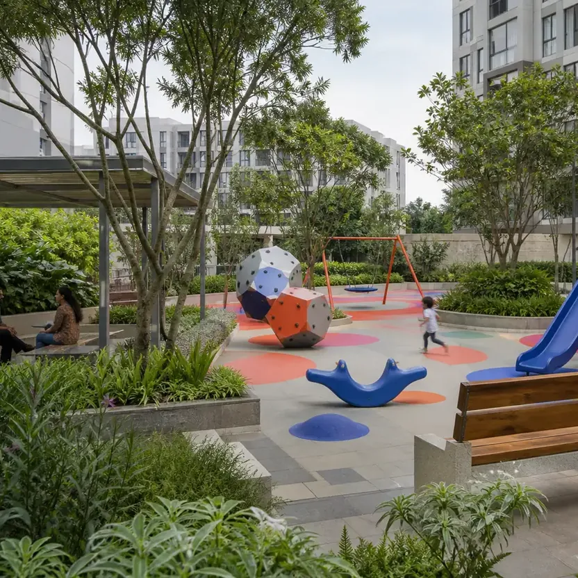 Modern Spaaces Chikkadunnasandra, artistic impression A children’s play court with slides under the trees