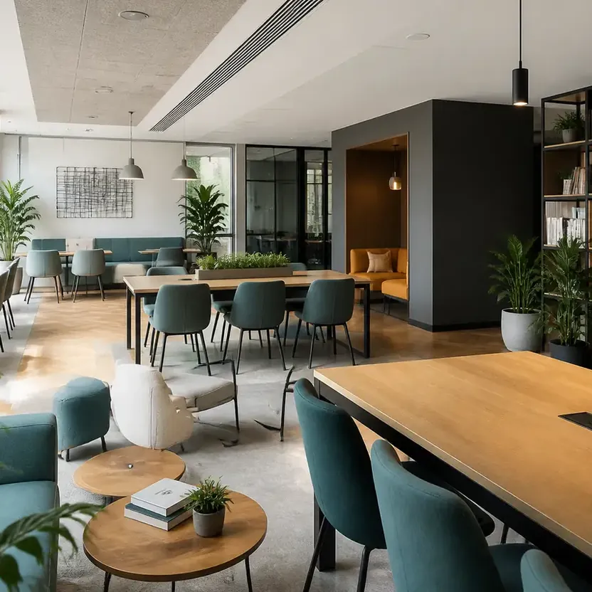 Modern Spaaces Chikkadunnasandra, artistic impression A residents’ lounge and co-working room with long tables and bookshelves