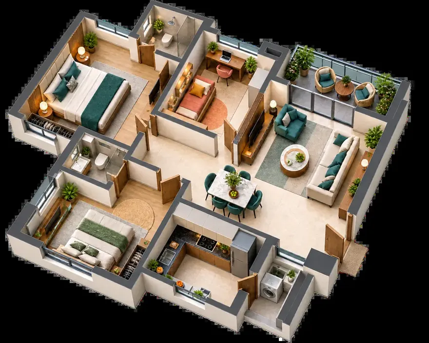 2.5 BHK, illustrative 3D layout with two bedrooms, a study, a living and dining room, a kitchen with utility and a balcony