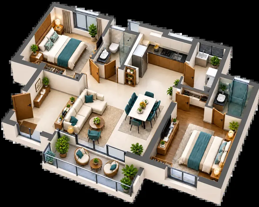 2 BHK, illustrative 3D layout with two bedrooms, two bathrooms, a living and dining room, a kitchen with utility and a balcony