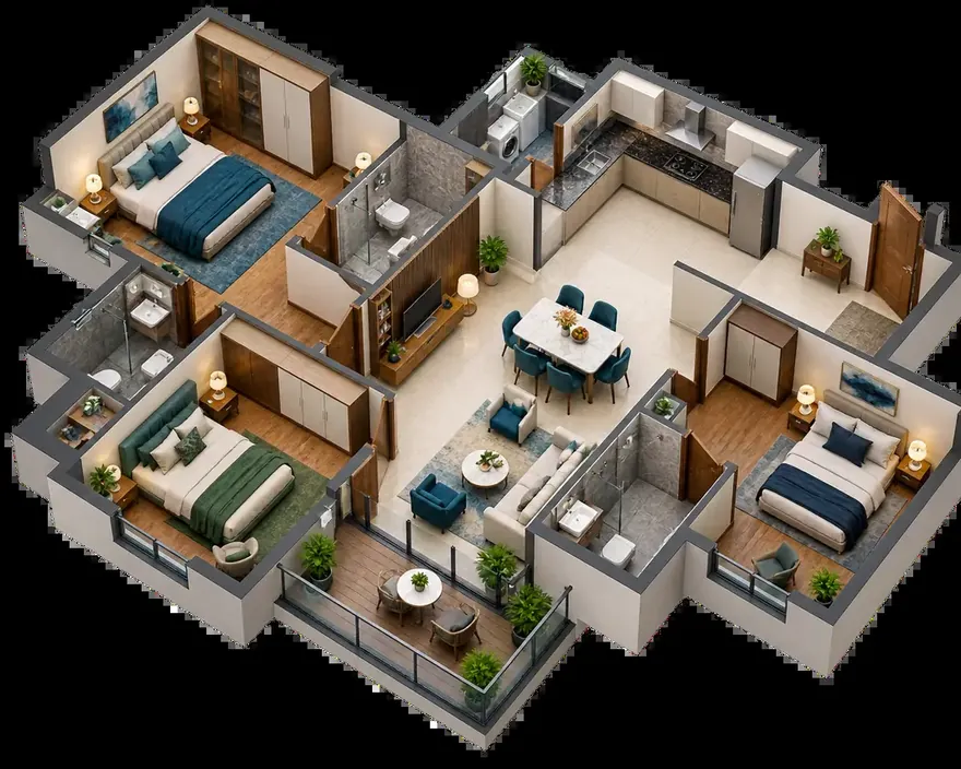 3 BHK, illustrative 3D layout with three bedrooms, a living and dining room, a kitchen with utility and a balcony