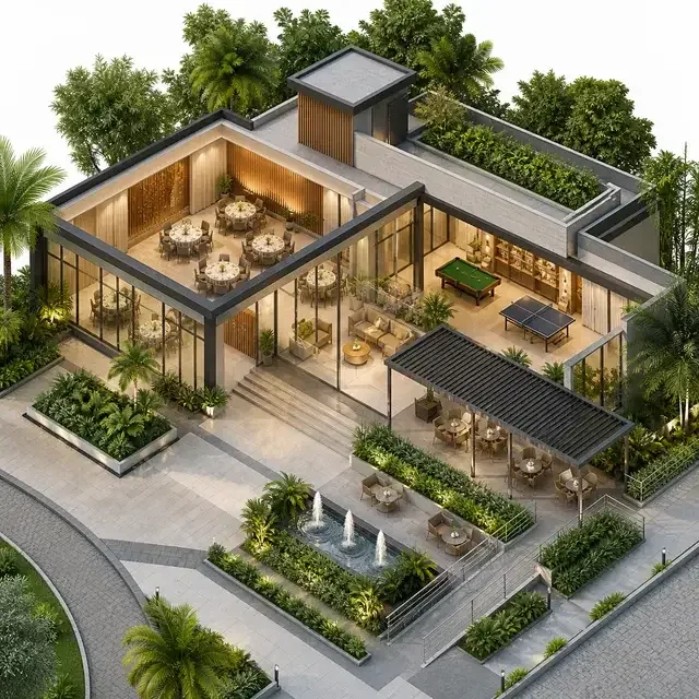 Illustration of a clubhouse with lounges, games tables and a dining area