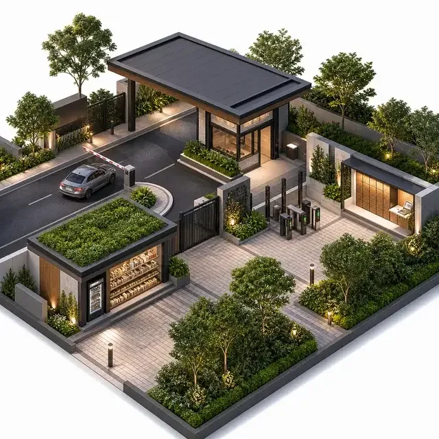 Illustration of a gated arrival with a security cabin and a landscaped drive